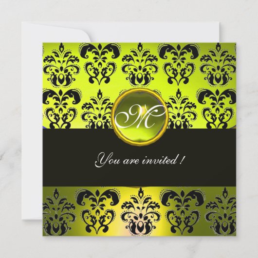 Invitation JAUNE NOIR DAMAS MONOGRAMME, topaze (Devant)
