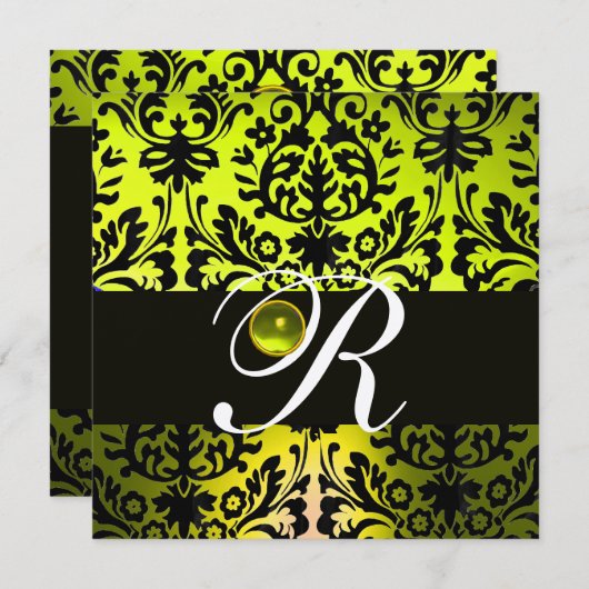Invitation JAUNE NOIR DAMASK MONOGRAM TOPAZ Champagne (Devant / Derrière)