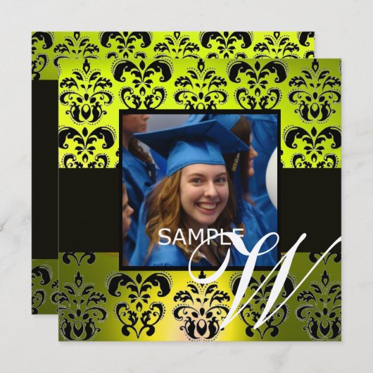 Invitation JAUNE NOIR DIPLÔME DAMASK MONOGRAM champagne (Devant / Derrière)
