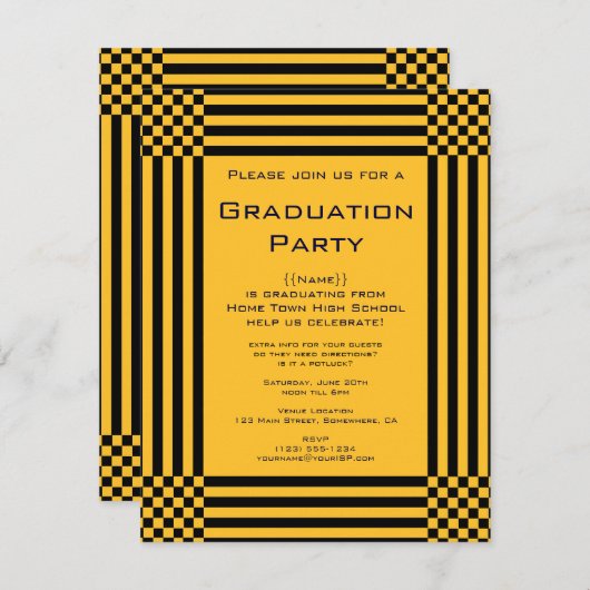 Invitation Jaune Noir Jaune Checkers Stripes Graduation Party (Devant / Derrière)