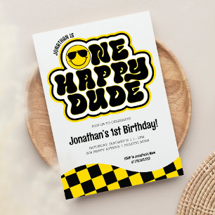 Invitation Jaune Noir Rétro Un Mec Heureux 1er Anniversaire