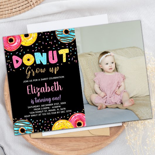 Invitation Jaune noir rose vert Donut Anniversaire avec photo