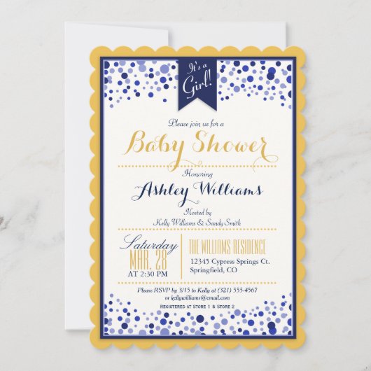 Invitation Jaune or, blanc & Baby shower bleu marine (Devant)
