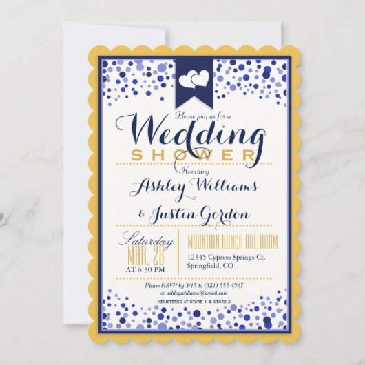 Invitation Jaune or, blanc et Wedding shower bleu marine (Devant)