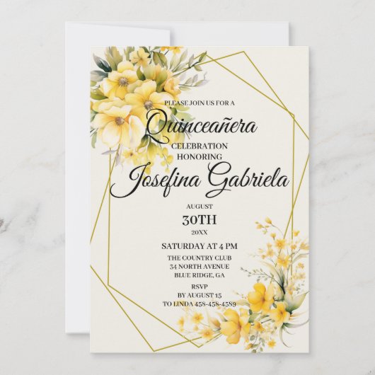 Invitation jaune or pour Quinceañera (Devant)