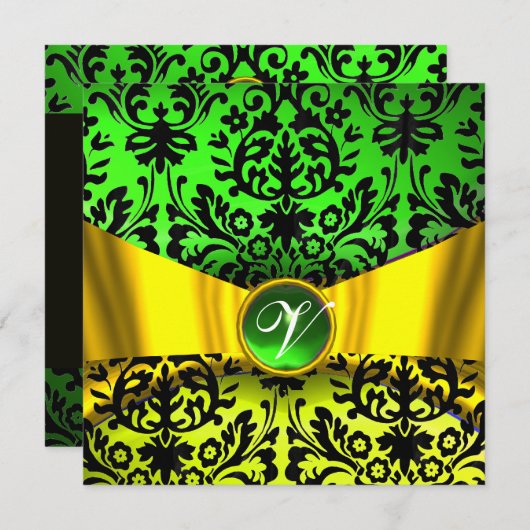 INVITATION JAUNE OR RIBBON EMERALD BLACK DAMASK MONOGRAM (Devant / Derrière)