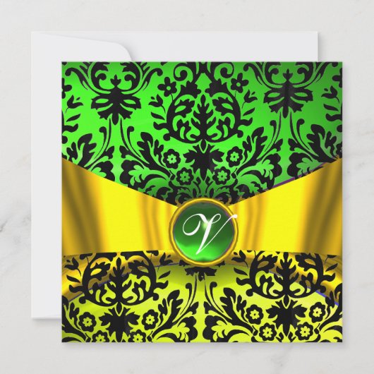 INVITATION JAUNE OR RIBBON EMERALD BLACK DAMASK MONOGRAM (Devant)