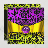 INVITATION JAUNE OR RIBBON PURPLE BLACK DAMASK MONOGRAM (Devant / Derrière)