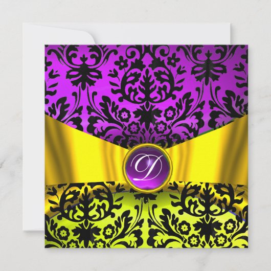 INVITATION JAUNE OR RIBBON PURPLE BLACK DAMASK MONOGRAM (Devant)