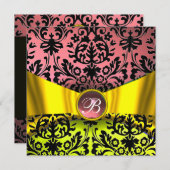 INVITATION JAUNE OR RIBBON ROSE NOIR DAMASK MONOGRAM (Devant / Derrière)