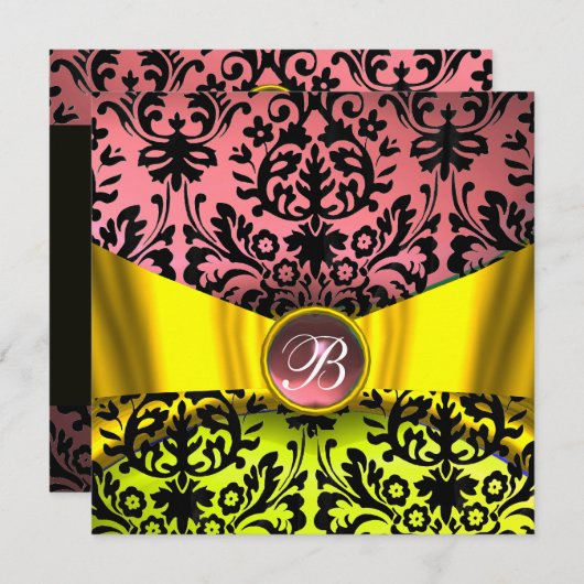 INVITATION JAUNE OR RIBBON ROSE NOIR DAMASK MONOGRAM (Devant / Derrière)