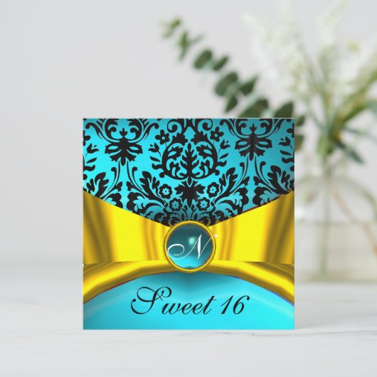 INVITATION JAUNE OR RIBBON TURQUOISE BLEU BLEU DOMMASK MONOGR (Debout devant)