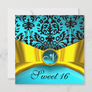 INVITATION JAUNE OR RIBBON TURQUOISE BLEU BLEU DOMMASK MONOGR