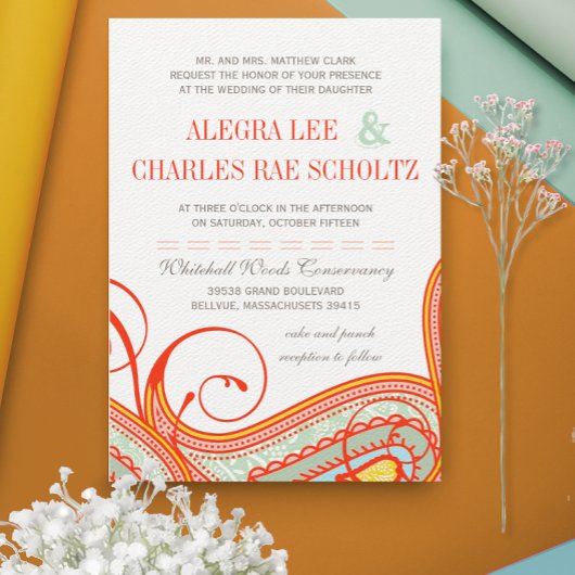 Invitation Jaune Orange Aqua Mint Persimmon Paisley Mariage