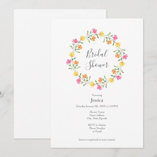 Invitation Jaune, orange, Aquarelle rose Fleur couronne (Devant / Derrière)