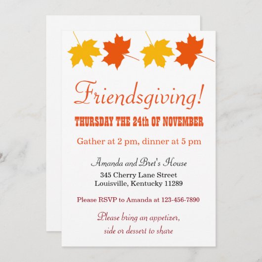 Invitation Jaune Orange Automne Feuilles Amical (Devant / Derrière)