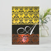 Invitation JAUNE ORANGE NOIR DAMASK MONOGRAM, blanc vif (Debout devant)