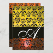 Invitation JAUNE ORANGE NOIR DAMASK MONOGRAM, blanc vif (Devant / Derrière)