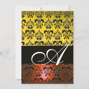 Invitation JAUNE ORANGE NOIR DAMASK MONOGRAM, blanc vif