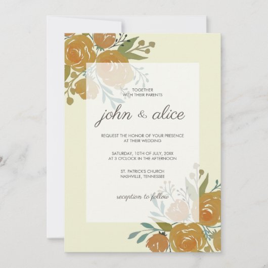 Invitation Jaune Orange Peonies et Mariage Rose (Devant)