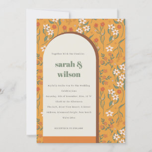 Invitation Jaune Orange Super Arc Retro Mariage Floral