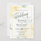 Invitation Jaune ou or Boho Roses Écriture stylée Mariage (Devant)