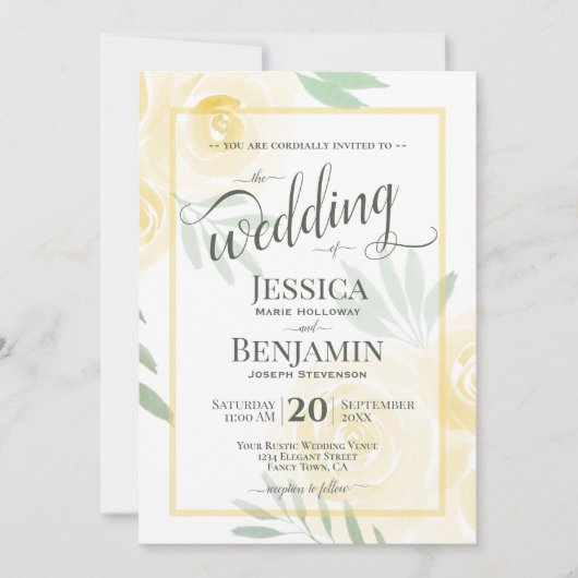 Invitation Jaune ou or Boho Roses Écriture stylée Mariage (Devant)