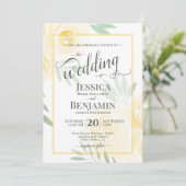 Invitation Jaune ou or Boho Roses Écriture stylée Mariage (Debout devant)