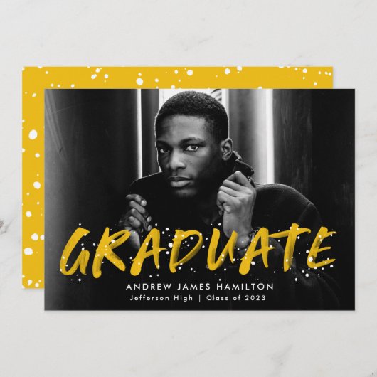 Invitation Jaune Paint Splatter Photo Graduation Party (Devant / Derrière)