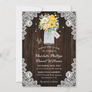 Invitation Jaune Pêche Florale Dentelle en bois Rustique Mari