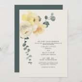 Invitation Jaune Peonies Turquoise & Crème Mariage Parents ma (Devant / Derrière)