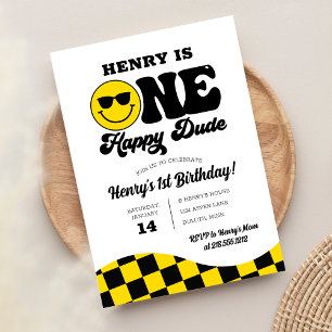 Invitation Jaune Rétro Noir Un Mec Heureux 1er Anniversaire