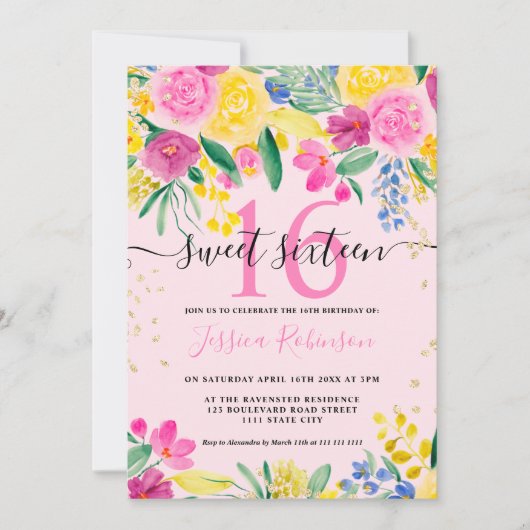 Invitation Jaune rose brillant script or floral Sweet 16 (Devant)