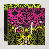 INVITATION JAUNE ROSE FUCHSIA NOIR DAMAS MONOGRAMME TOPAZE (Devant / Derrière)