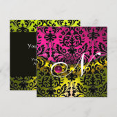 INVITATION JAUNE ROSE FUCHSIA NOIR DAMASÉ MONOGRAMME TOPAZE (Devant / Derrière)
