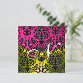 INVITATION JAUNE ROSE FUCHSIA NOIR DAMASÉ MONOGRAMME TOPAZE (Debout devant)