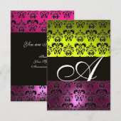 Invitation JAUNE ROSE VIOLET NOIR DAMAS MONOGRAMME fuchsia (Devant / Derrière)
