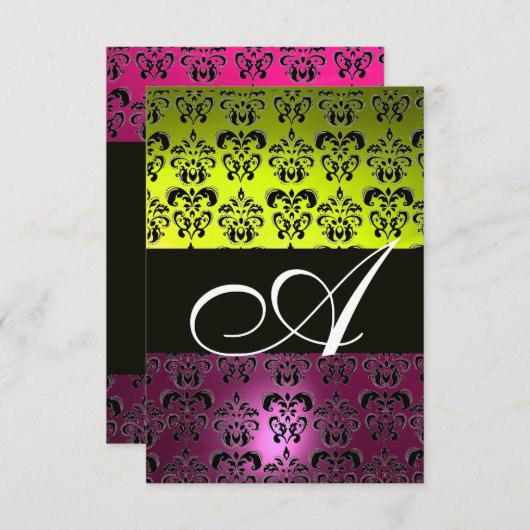 Invitation JAUNE ROSE VIOLET NOIR DAMASK MONOGRAM fuchsia (Devant / Derrière)