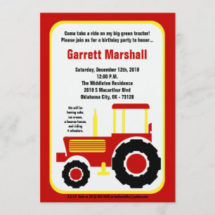 invitation jaune rouge d'anniversaire de tracteur