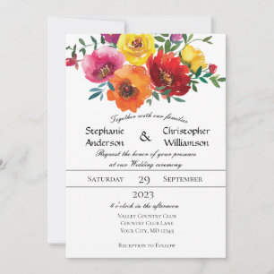 Invitation Jaune Rouge Rose Fleurs Aquarelle Mariage Verdure