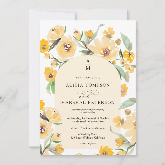 Invitation Jaune rustique Parche fleurie arc chic mariage (Devant)