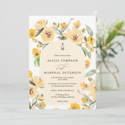 Invitation Jaune rustique Parche fleurie arc chic mariage (Debout devant)