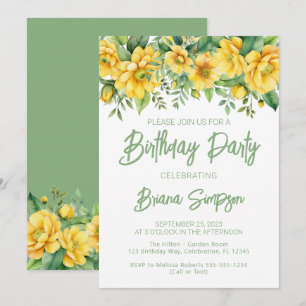 Invitation Jaune Sage Vert Floral fête d'anniversaire