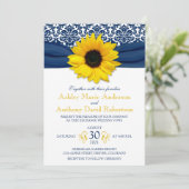 Invitation Jaune Sunflower Navy bleu Damask Ribbon Mariage (Debout devant)