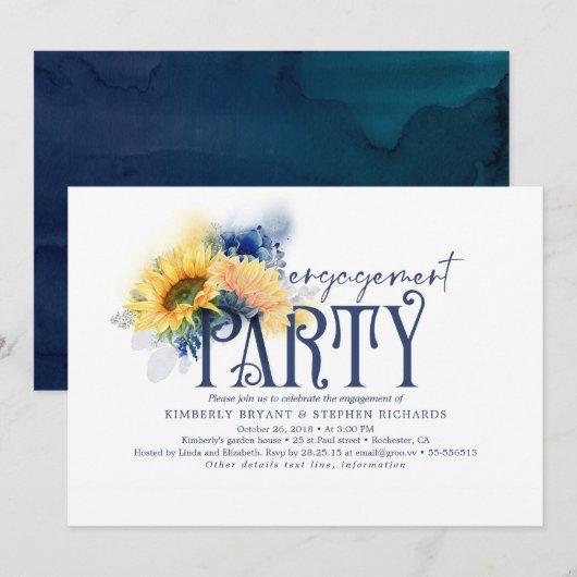 Invitation Jaune Sunflower Navy Blue Engagement Party (Devant / Derrière)