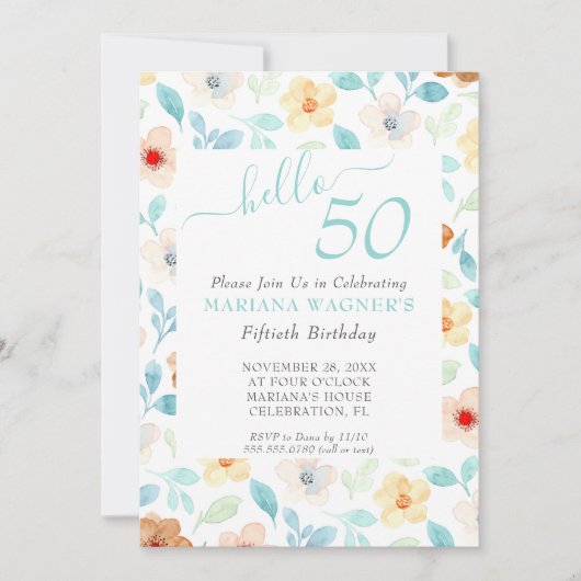 Invitation Jaune Télée Floral Élégant Script 50e Anniversaire (Devant)
