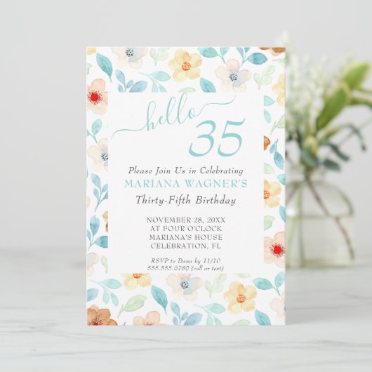 Invitation Jaune Turquoise Floral Élégant Script 35e annivers (Debout devant)