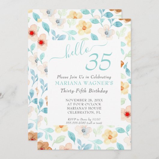 Invitation Jaune Turquoise Floral Élégant Script 35e annivers (Devant / Derrière)