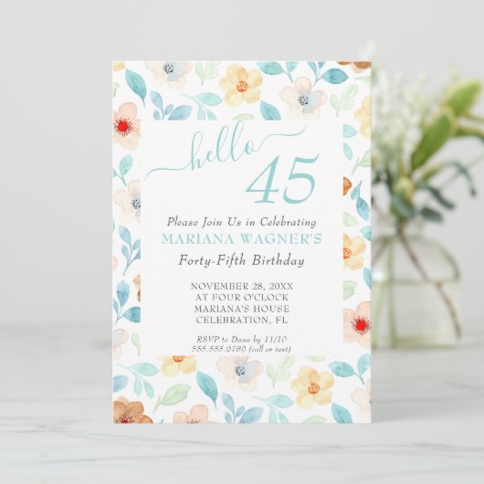 Invitation Jaune Turquoise Floral Élégant Script 45e annivers (Debout devant)