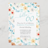 Invitation Jaune Turquoise Floral Élégant Script 60e annivers (Devant / Derrière)